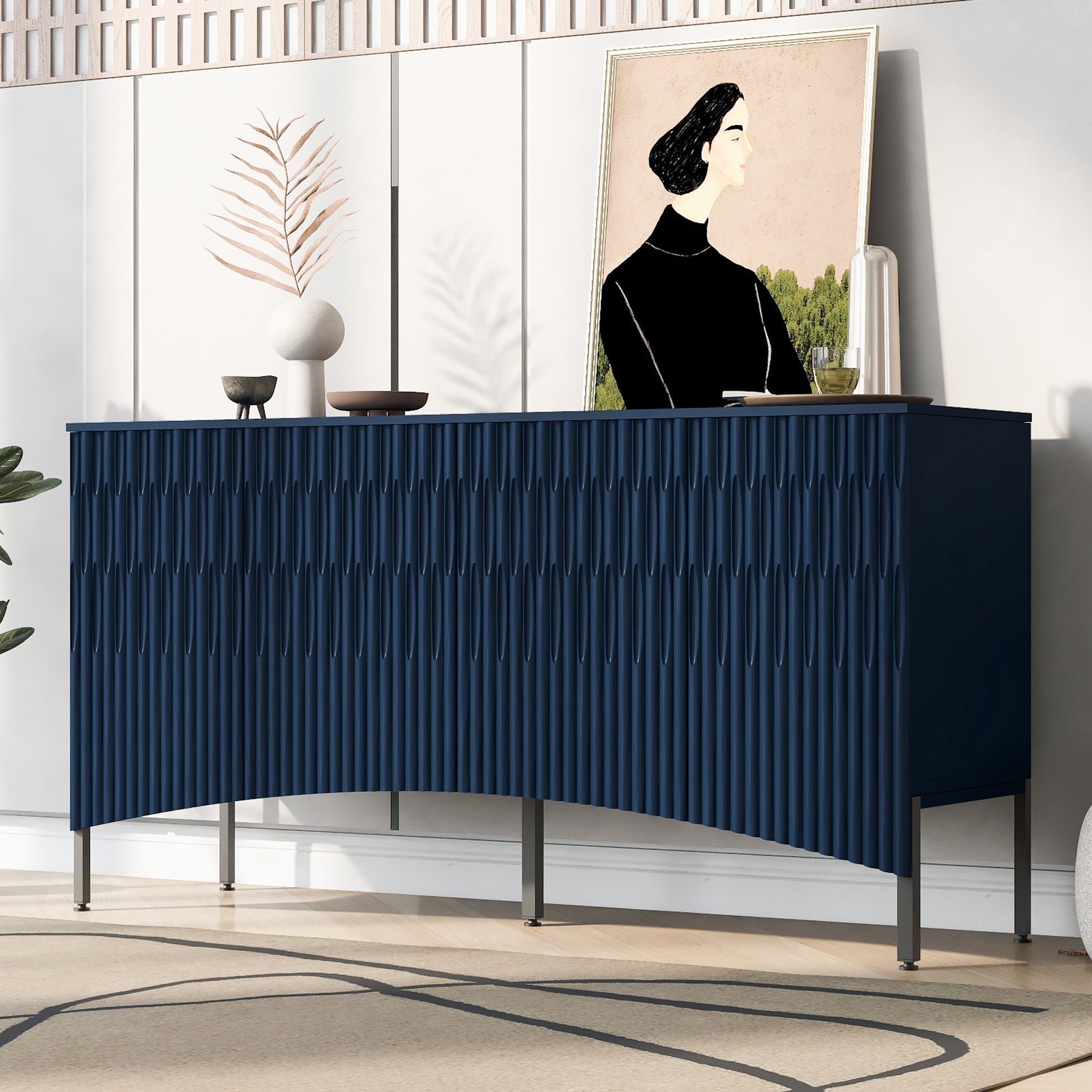 Elegant Sideboard Featuring Curved Bottom Doors With Arched Groove Design In A Stylish Four Door Layout,Suitable For Living Rooms,Entrance And Study Navy Blue Primary Living Space American Design Mdf