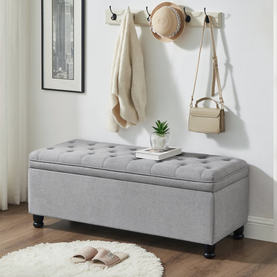 Upholstered Tufted Button Storage Bench ,Linen Fabric Entry Bench With Spindle Wooden Legs, Bed Bench Light Gray Tufted Light Gray Espresso Linen Or Linen Blend Primary Living Space Black American Design Rubberwood Wood Internal Storage Foam Linen