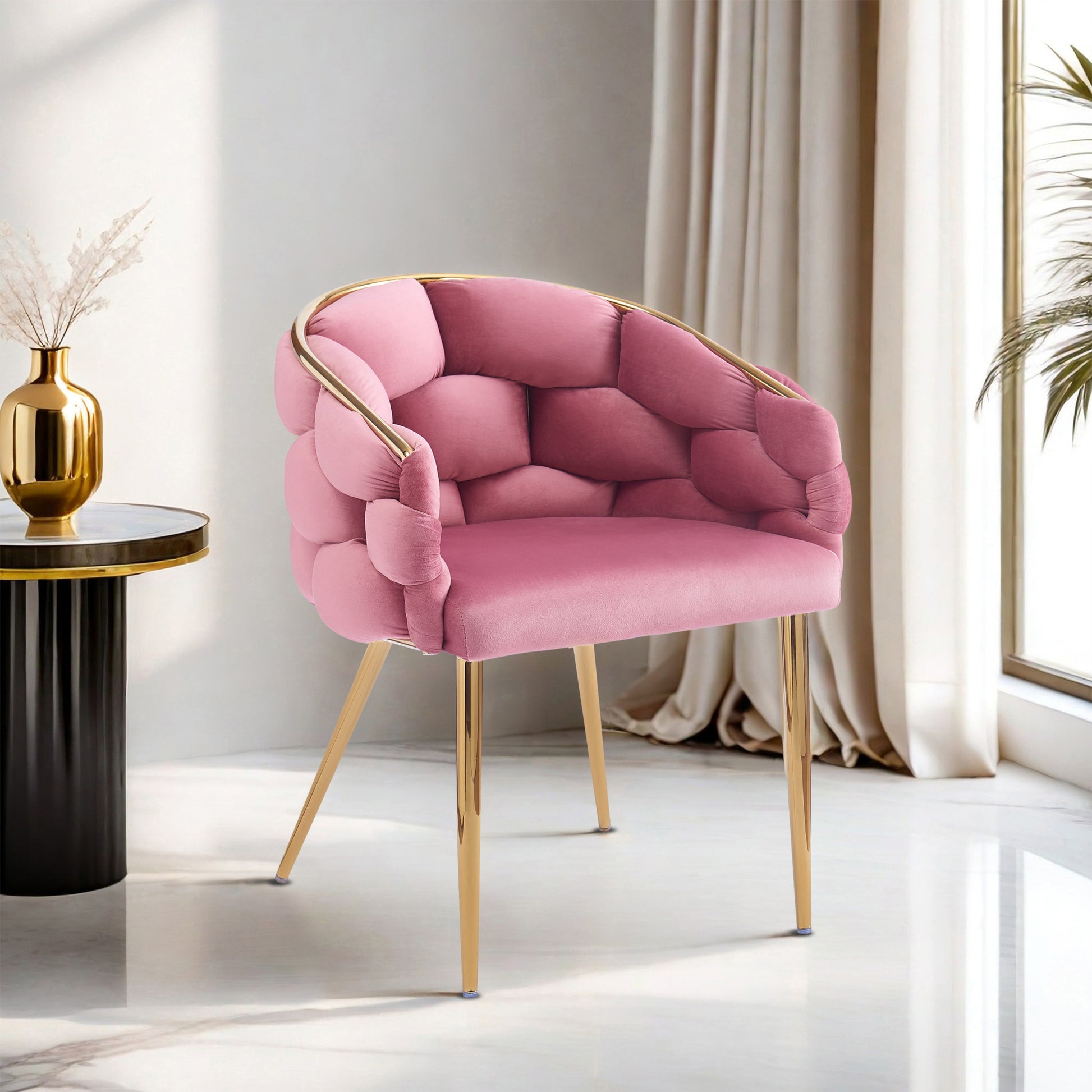 Set Of 2 Luxury Handmade Accent Chair With Gold Legs, Modern Velvet Armchair For Living Room And Bedroom Pink Foam Velvet