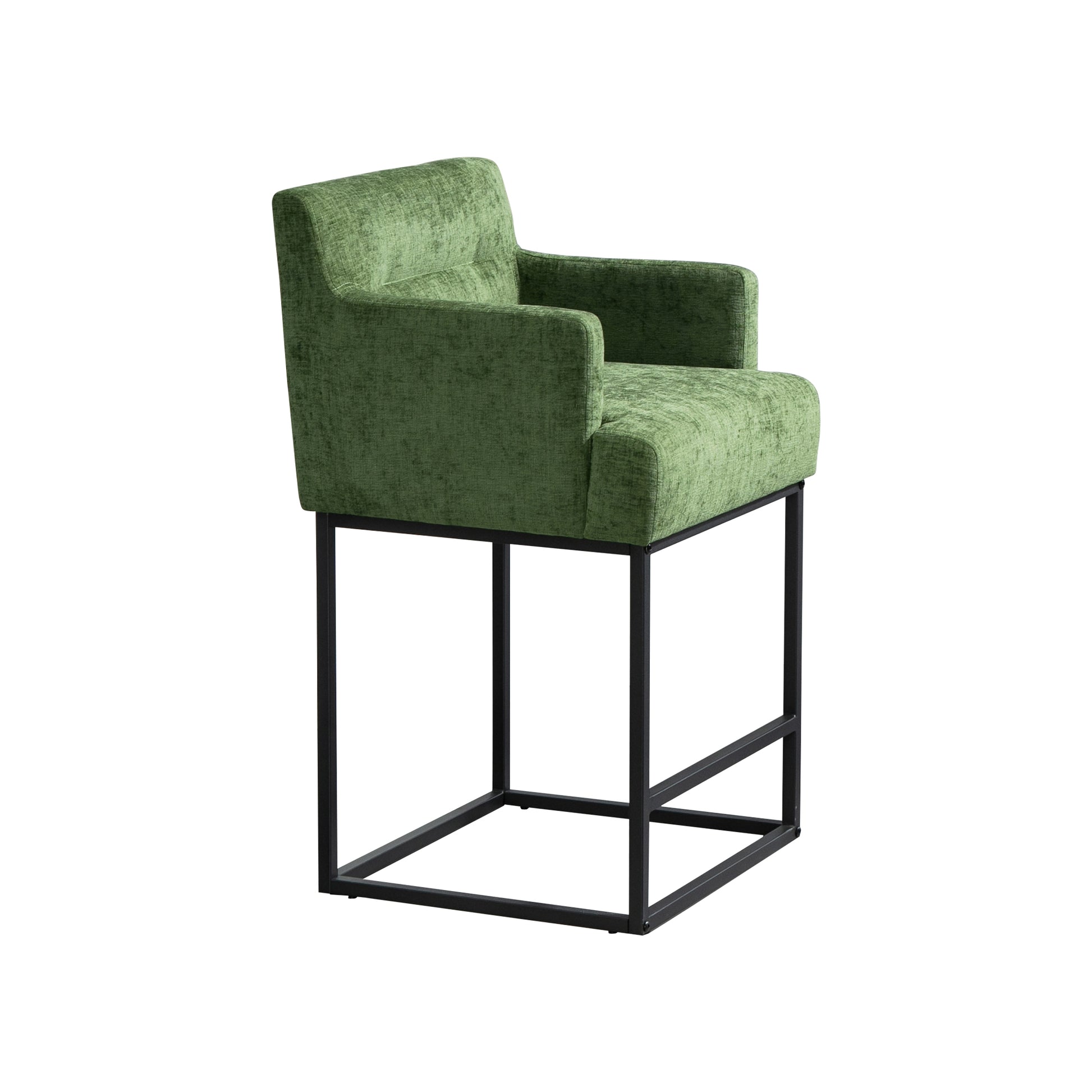 Coolmore Counter Height Bar Stools Set Of 2, Modern Barrel Bar Stool With Backrest And Arms, Black Metal Frames, Upholstered Bar Stools For Kitchen Island, Pub, Club Green Foam Chenille