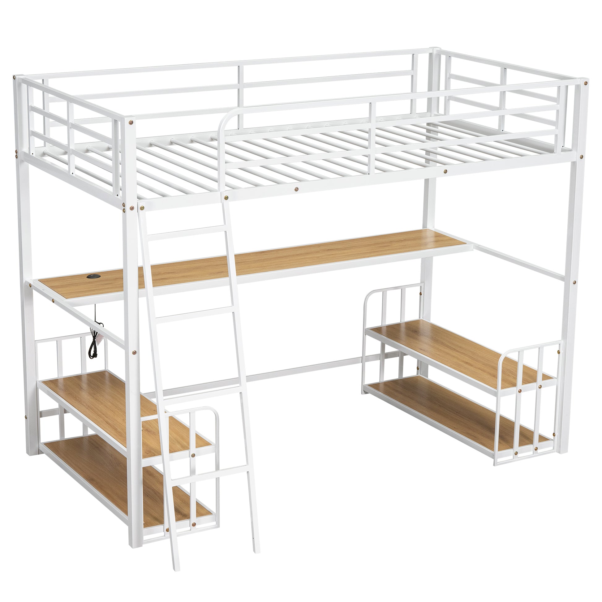 Twin Size Metal Loft Bed With Desk, Storage Shelves And Charging Station, White Box Spring Not Required Twin White Metal Mdf Metal