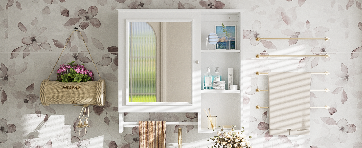 Wall Mounted Bathroom Storage Cabinet, Medicine Cabinets With Large Mirror Door, Adjustable Shelves And Three Open Storage Levels Not Include Bathroom Vanity White 1 5 Mirror Included Bathroom Wall Mounted Mdf Glass Painted