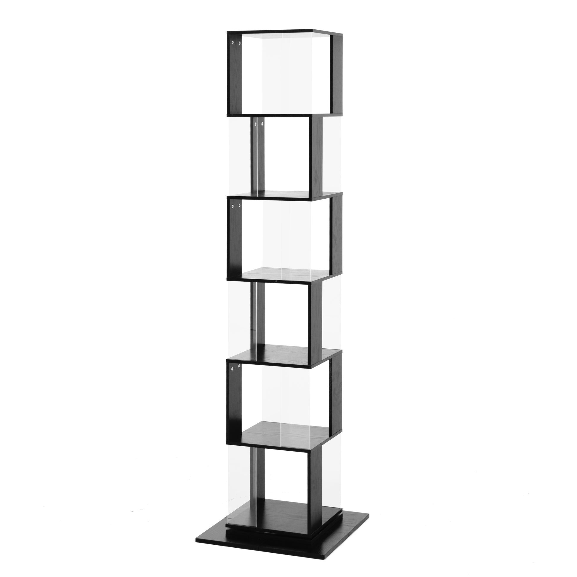 6 Tier Rotating Bookshelf, Floor Rack Simple Bookcase With Acrylic Plate Student Multi Function Creative Bookshelf For Living Room With Anti Toppling Base Black Particle Board