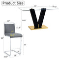 Table And Chair Set. A Rectangular Glass Dining Table With A 0.4 Inch Tempered Glass Tabletop And Mdf Board V Shaped Bracket, Paired With Chairs Consisting Of Pu Seat Cushions And Silver Metal Legs. Black Gray Seats 4 Tempered Glass
