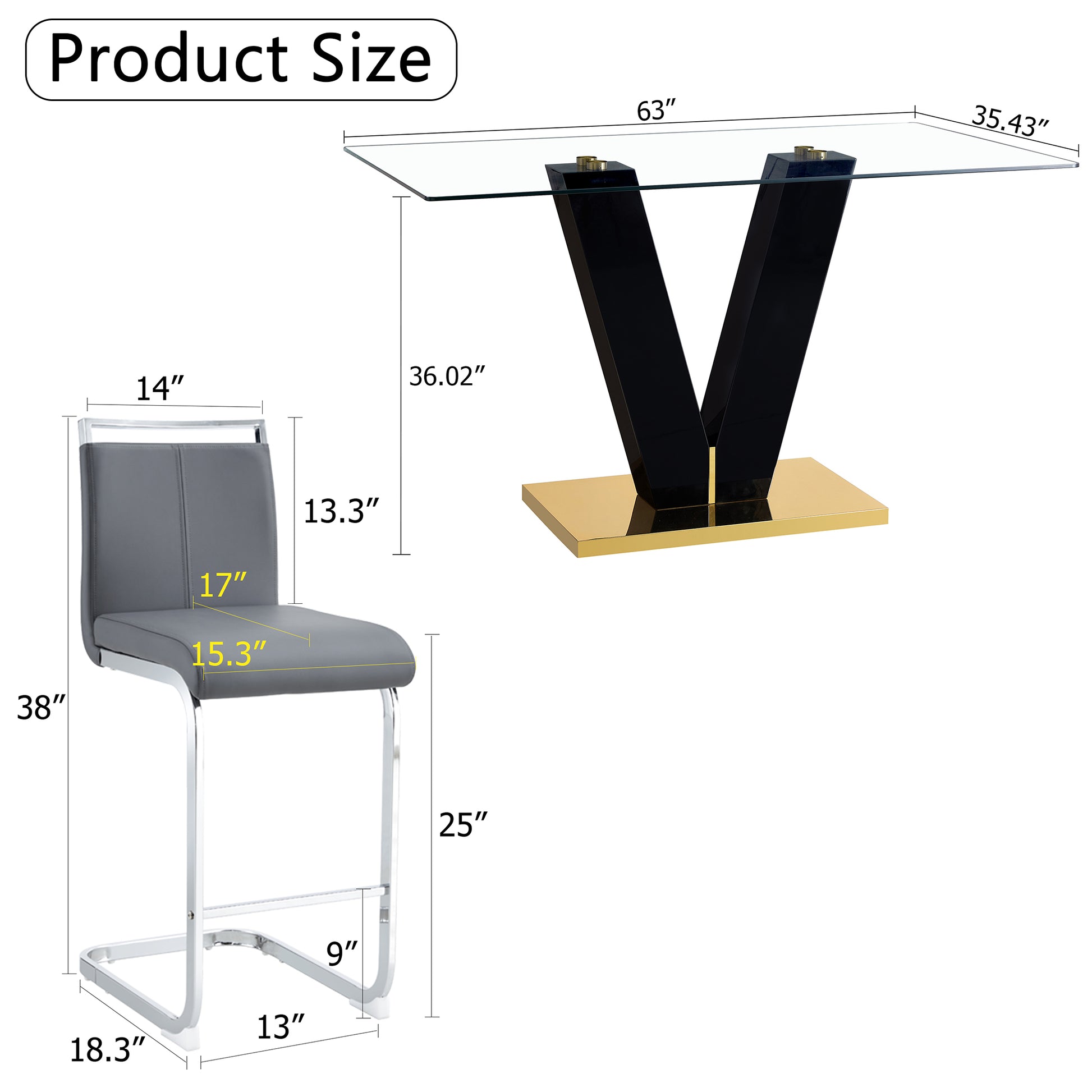 Table And Chair Set. A Rectangular Glass Dining Table With A 0.4 Inch Tempered Glass Tabletop And Mdf Board V Shaped Bracket, Paired With Chairs Consisting Of Pu Seat Cushions And Silver Metal Legs. Black Gray Seats 4 Tempered Glass
