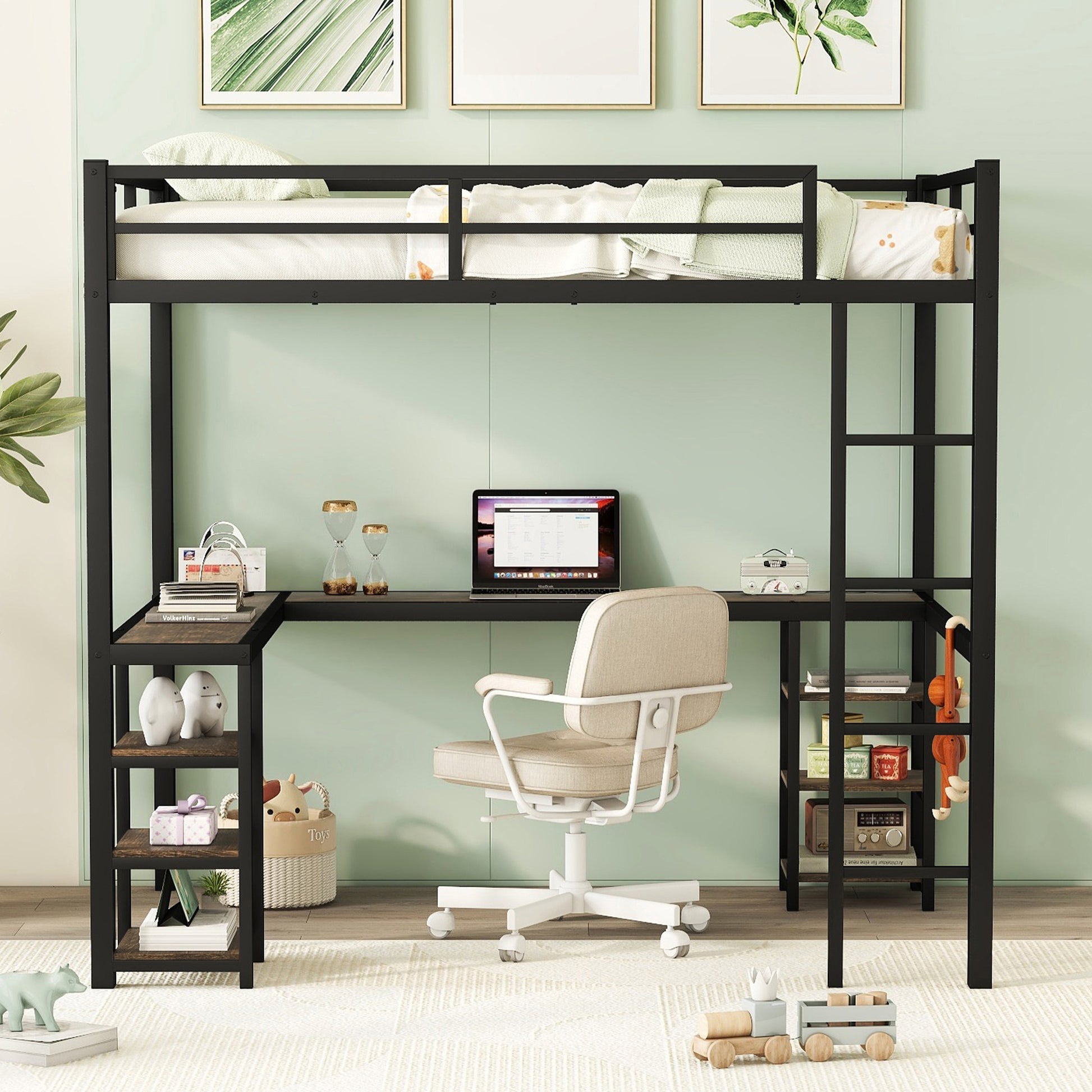 Full Metal Loft Bed With Desk And Shelves, Loft Bed With Ladder And Guardrails, Loft Bed Frame For Bedroom, Black Old Sku: W1307S00018 Full Black Metal