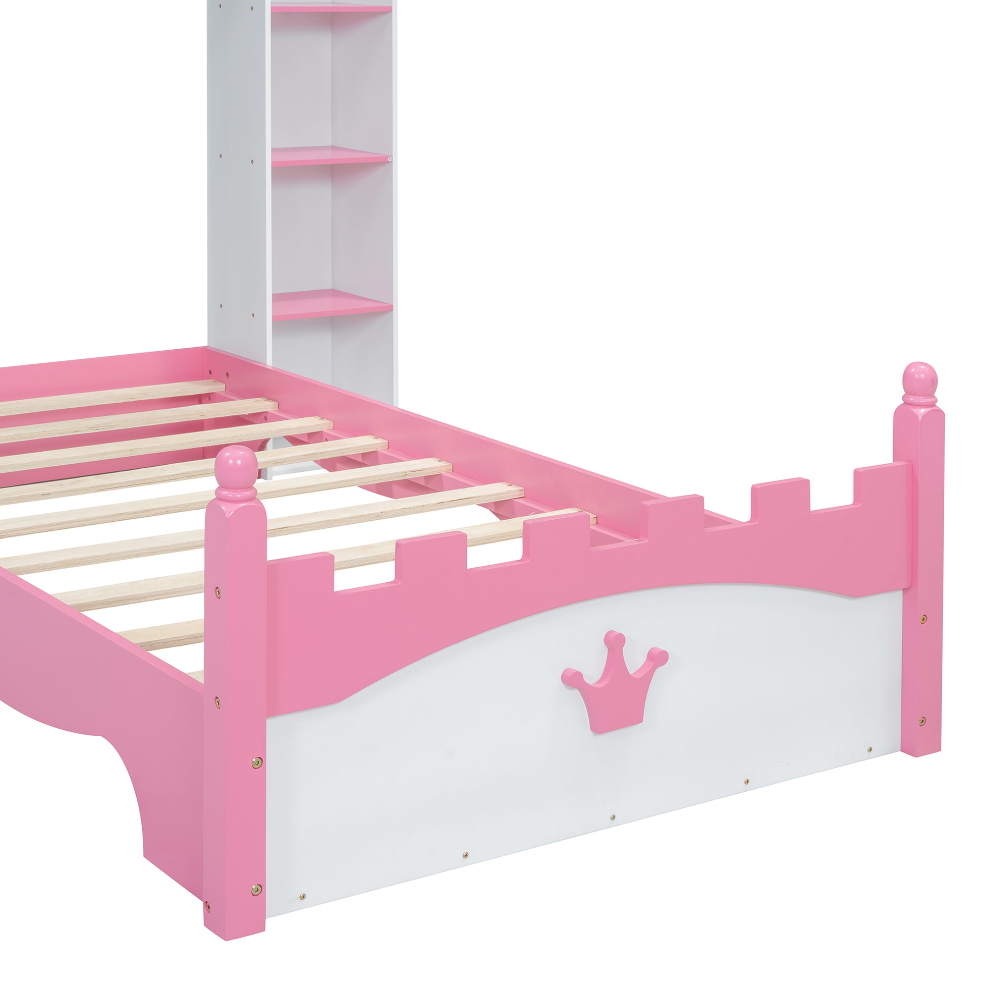 Castle Shaped Wooden Bed With Storage Shelf, Dreamy Twin Size Platform Bed For Kids Bedroom, White Pink Expected Arrival Time:8.14 Twin White Pink Wood