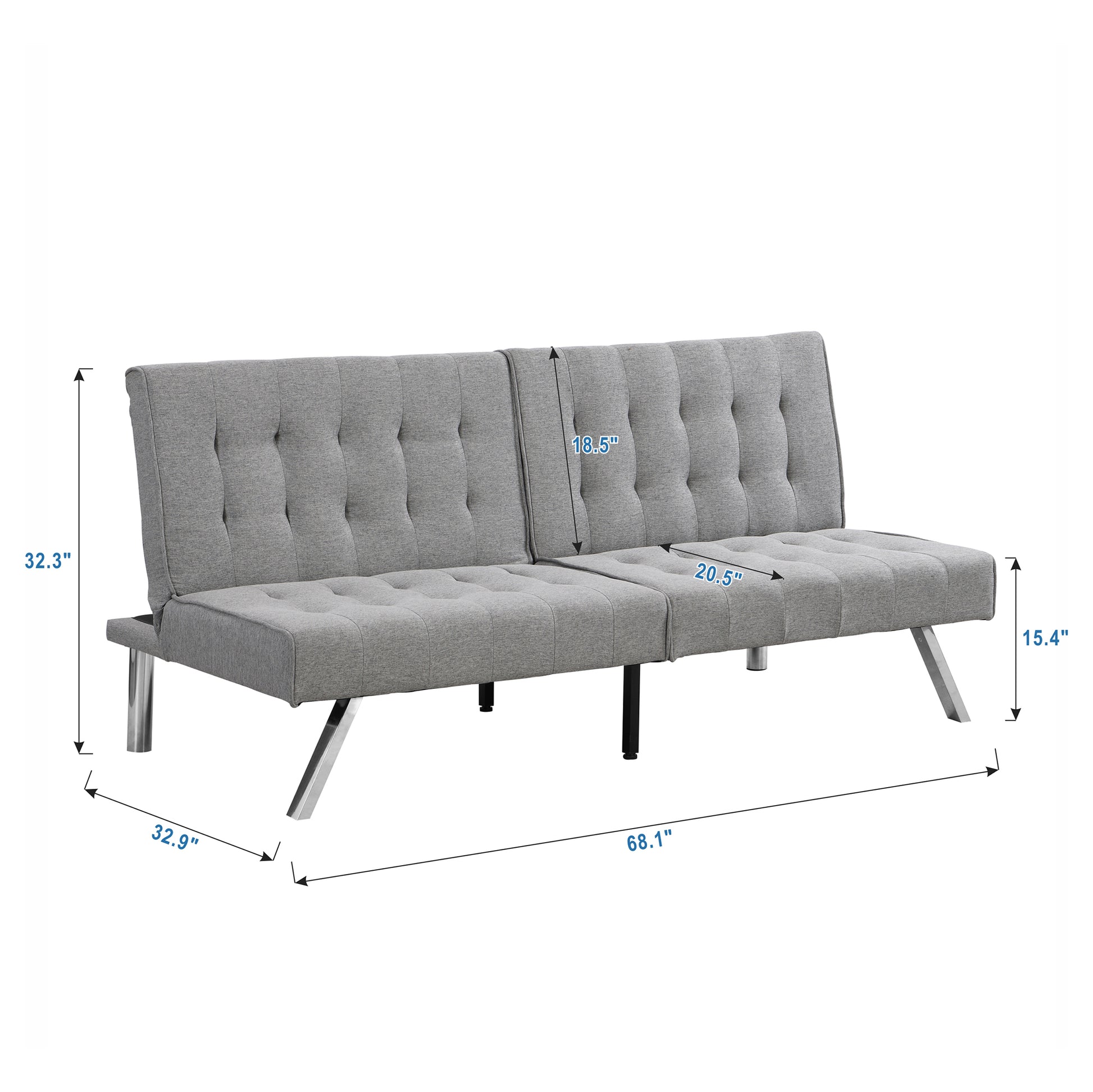 Wood Frame, Stainless Leg, Futon, Sofa Bed Grey Grey Fabric 2 Seat