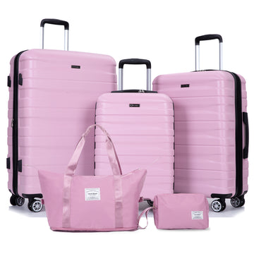 Luggage Set Of 5 Pieces, Expandable Hard Pc Luggage Set With Tsa Lock For Rotating Wheels, Lightweight Rolling Luggage For Men And Women,Pink. Pink Pc