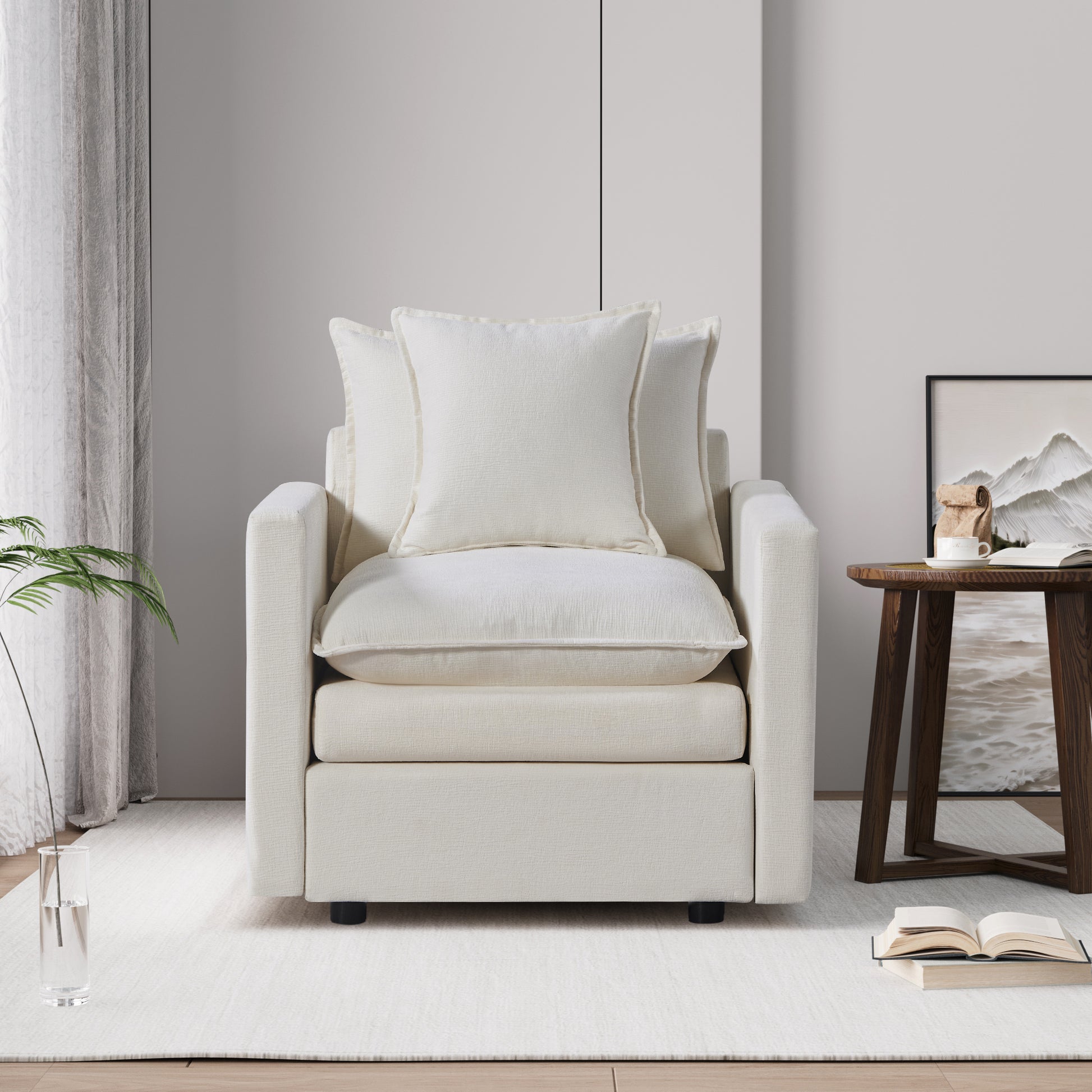Chenille Fabric Comfy Deep Single Seat Sofa Upholstered Reading Armchair Living Room White Foam Chenille 1 Seat