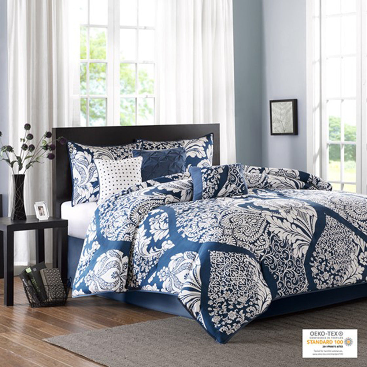 7 Piece Cotton Printed Comforter Set Indigo Queen Queen Indigo Polyester