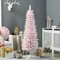 Homcom 5' Snow Flocked Artificial Pencil Christmas Tree, Slim Xmas Tree With Realistic Branches And Plastic Base Stand For Indoor Decoration, Pink Pink Plastic