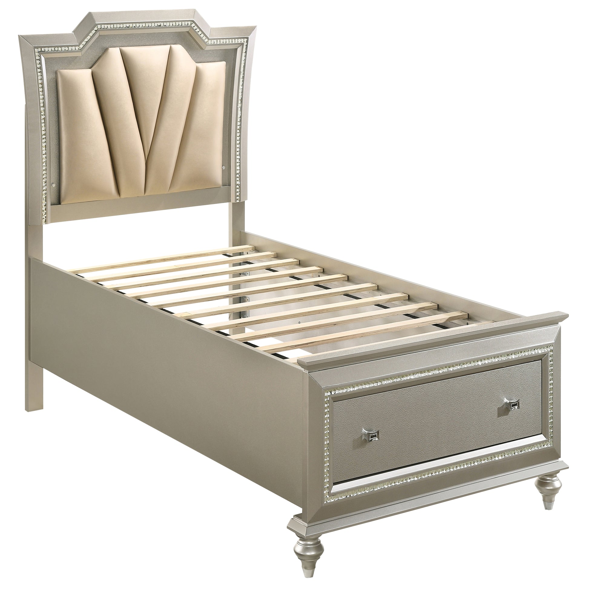 Beige And Champagne Storage Bed With Led Lighting Box Spring Not Required Twin Beige Brown Wood Bedroom Contemporary Rubberwood Storage Included Wood Fabric