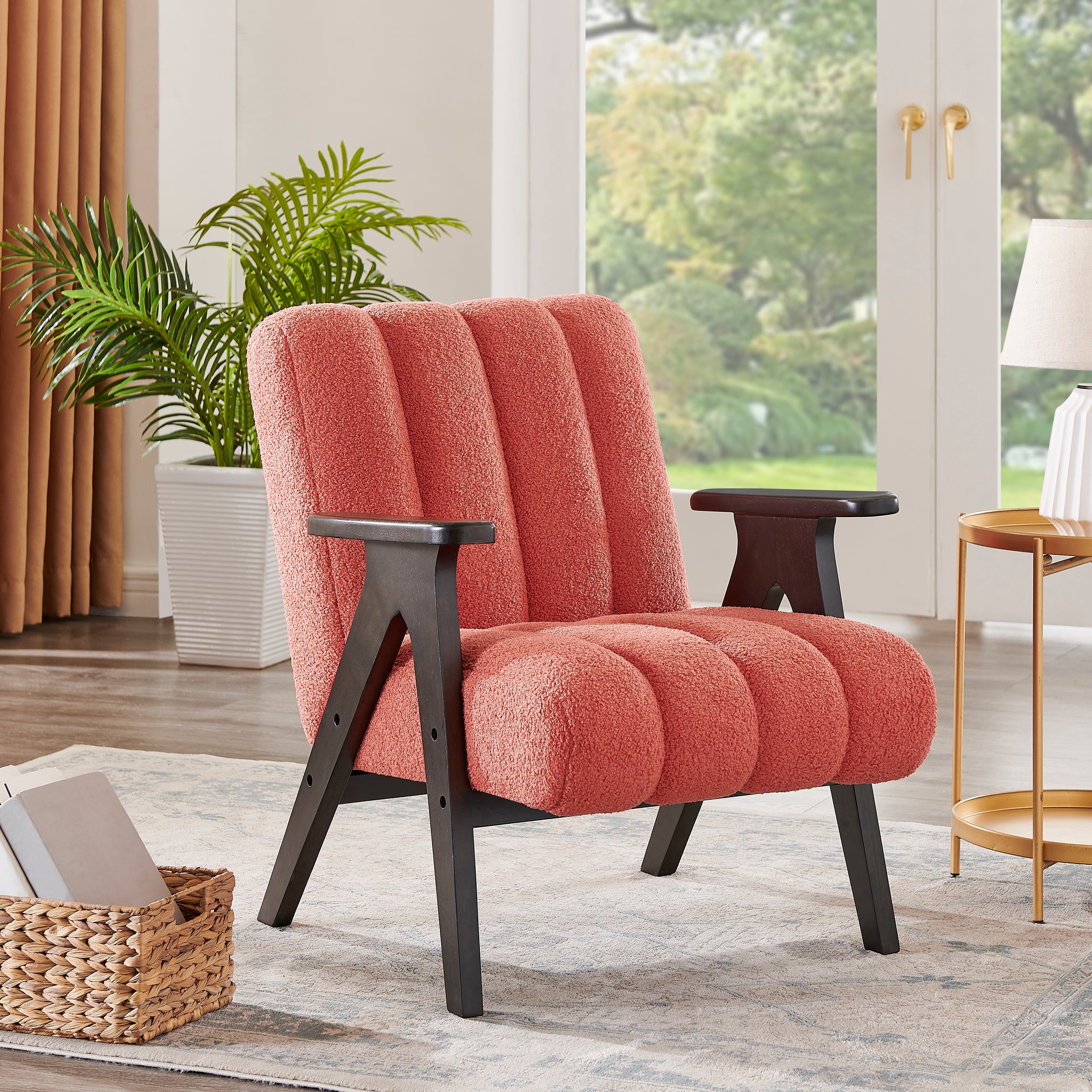 Rella Modern Teddy Sherpa Accent Chair With Espresso Wood Frame Coral Espresso Primary Living Space Contemporary,Modern Rubberwood Upholstered Upholstered,Wood