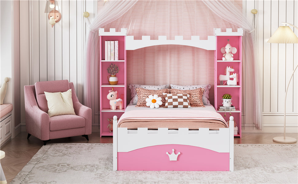 Castle Shaped Wooden Bed With Storage Shelf, Dreamy Twin Size Platform Bed For Kids Bedroom, Pink White Expected Arrival Time:8.14 Twin Pink White Wood