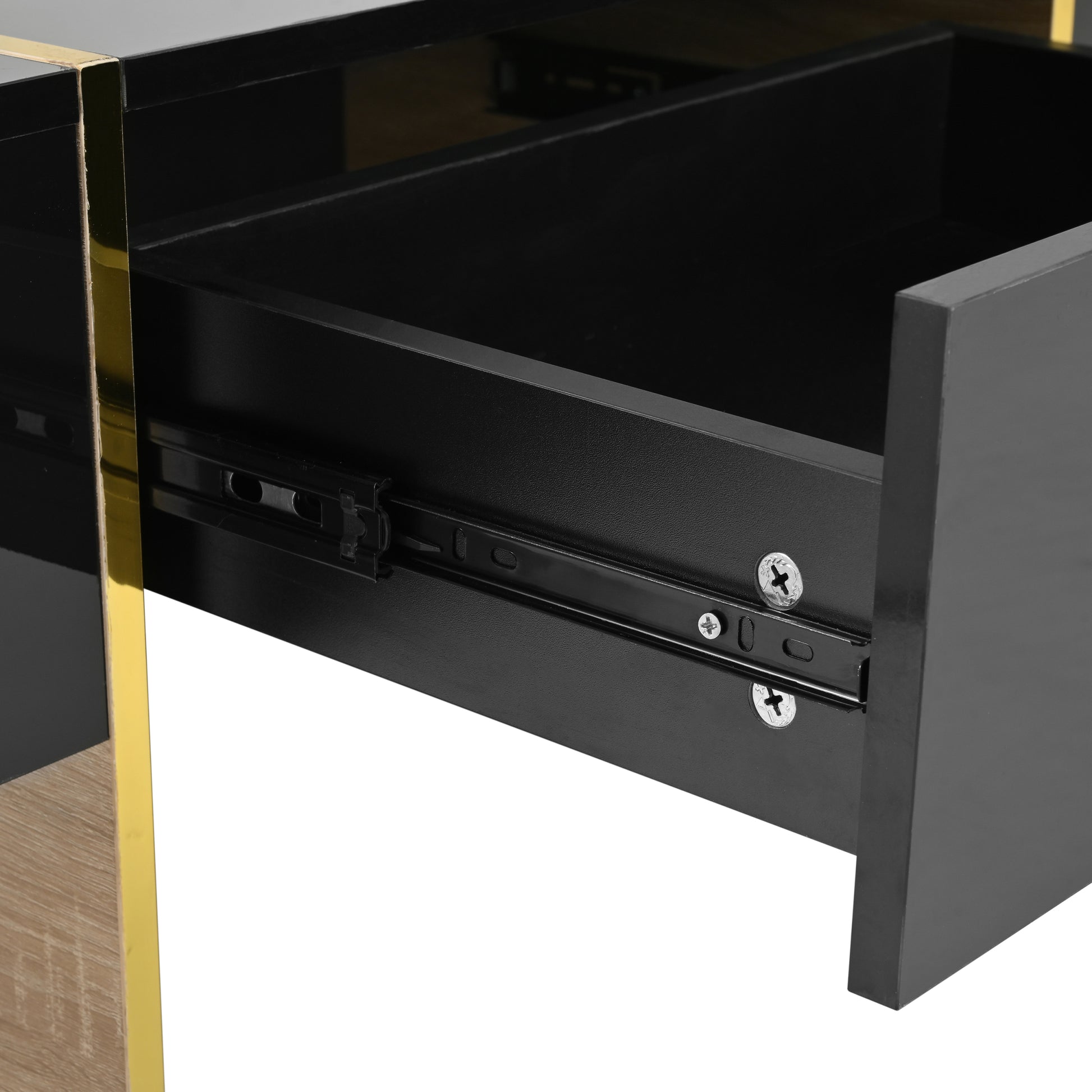 47.2'' X 31.4''Minimalist High Gloss Coffee Table With 2 Drawers, Multi Storage Rectangle Sofa Table With Golden Wood Grain Legs, Modern Center Table For Living Room, Black Black Particle Board Mdf