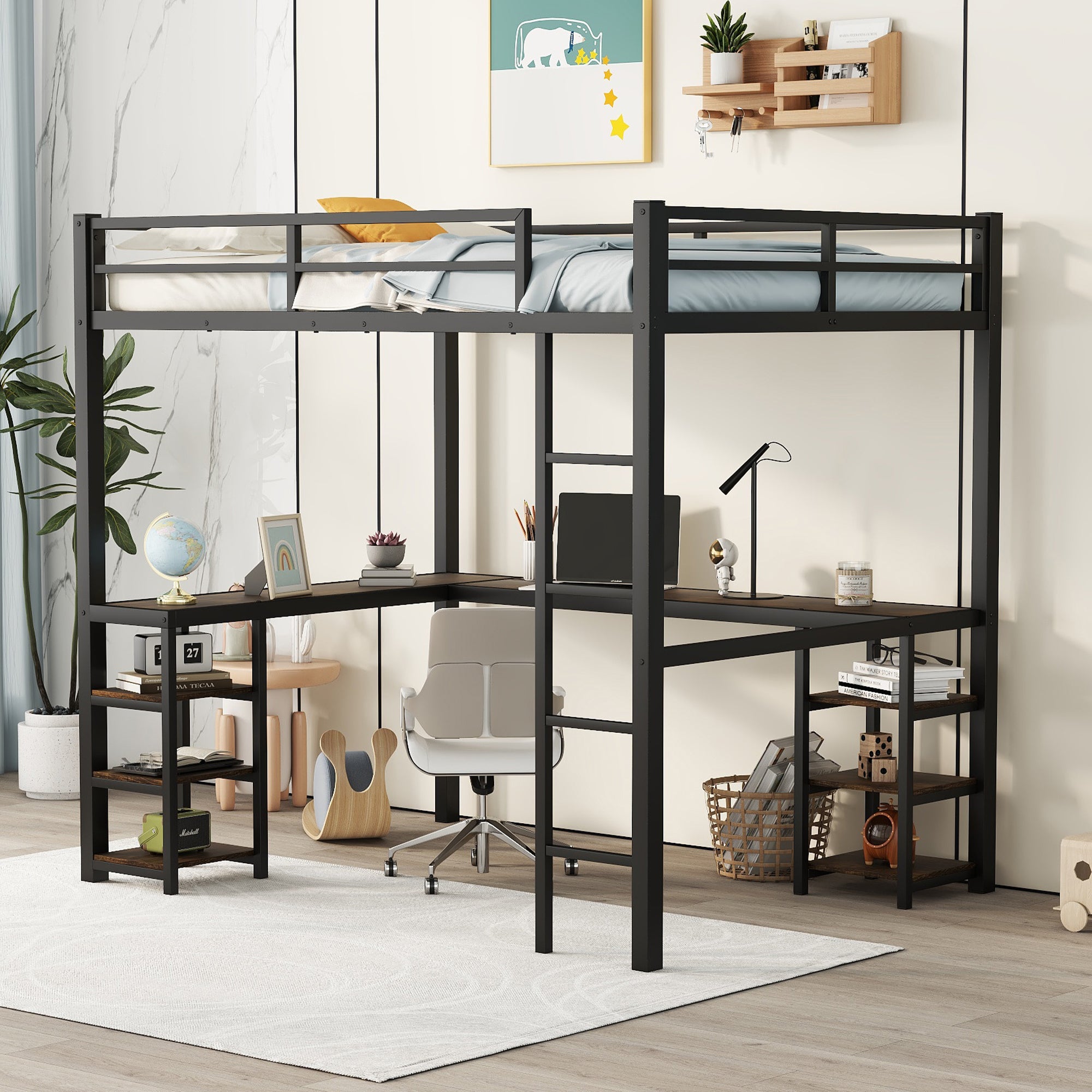 Full Metal Loft Bed With Desk And Shelves, Loft Bed With Ladder And Guardrails, Loft Bed Frame For Bedroom, Black With Vintage Wood Colored Desk Full Black Metal