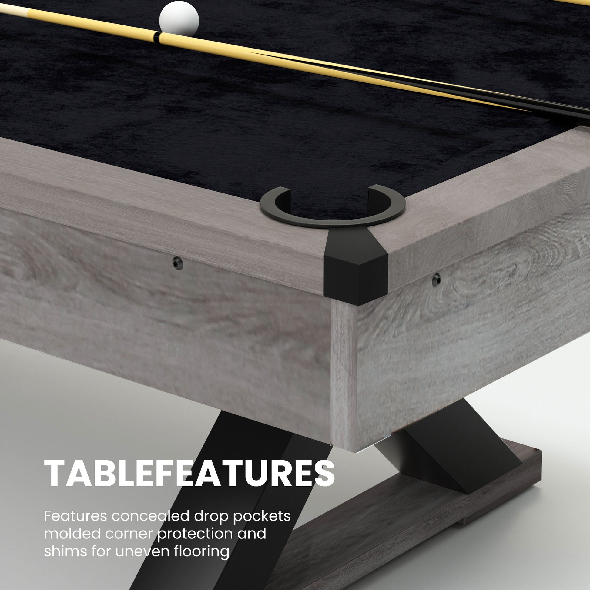 84" Pool Table With Billiard Balls, Cues, Pool Cue Chalk, Cleaning Brush, X Legs, Black Cloth, Rustic Grey,84.1"L X 46.5"W X 32"H Grey Mdf