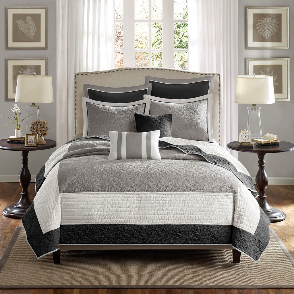 7 Piece Quilt Set With Euro Shams And Throw Pillows Black Full Queen Full Black Cotton