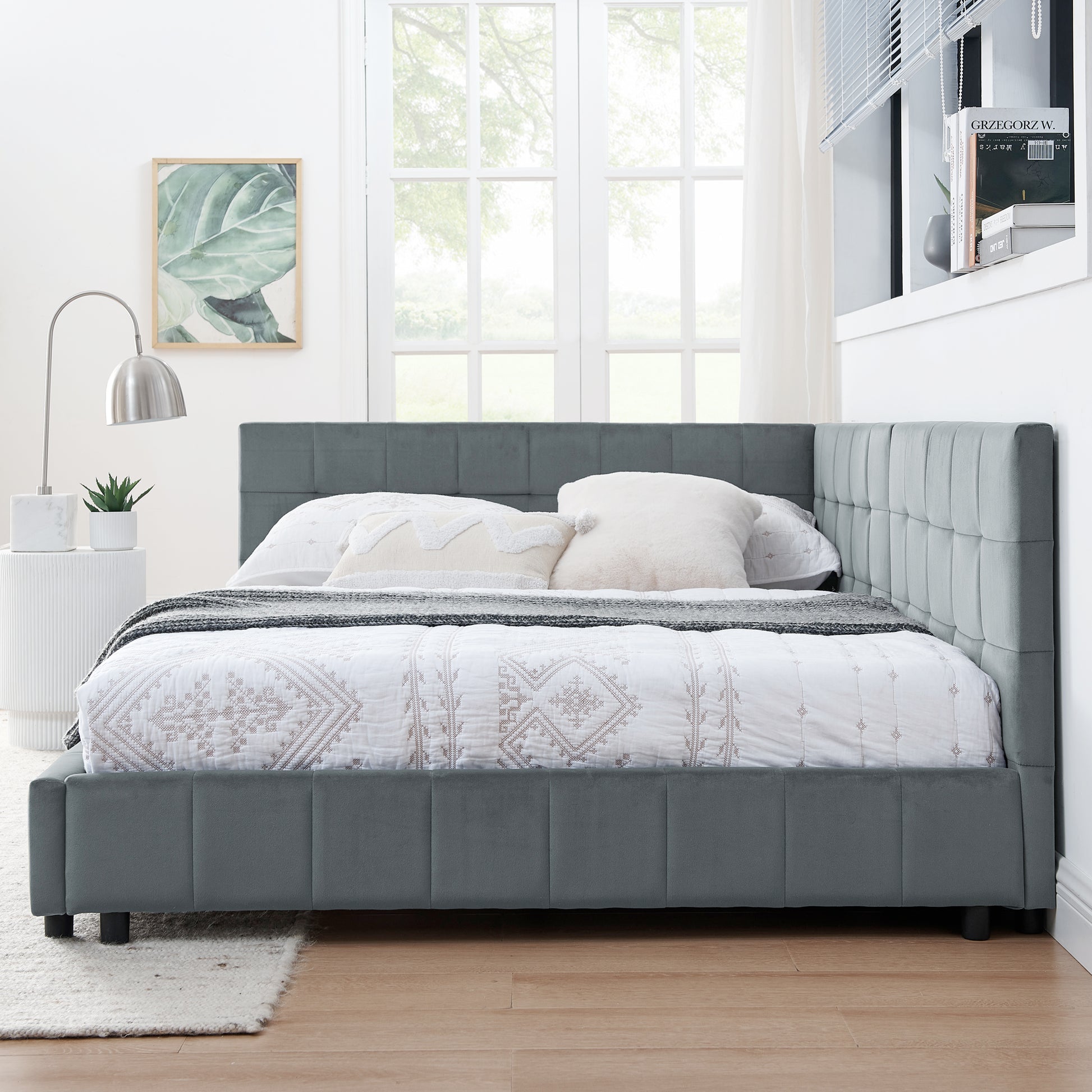 Full Size Upholstered Tufted Bed Frame, Sofa Bed Frame With Comfortable Backrest And Armrests, Full Size Bed For Bedroom, Living Room,Velvet, Grey 80.5''*59''*30.5'' Box Spring Not Required Full