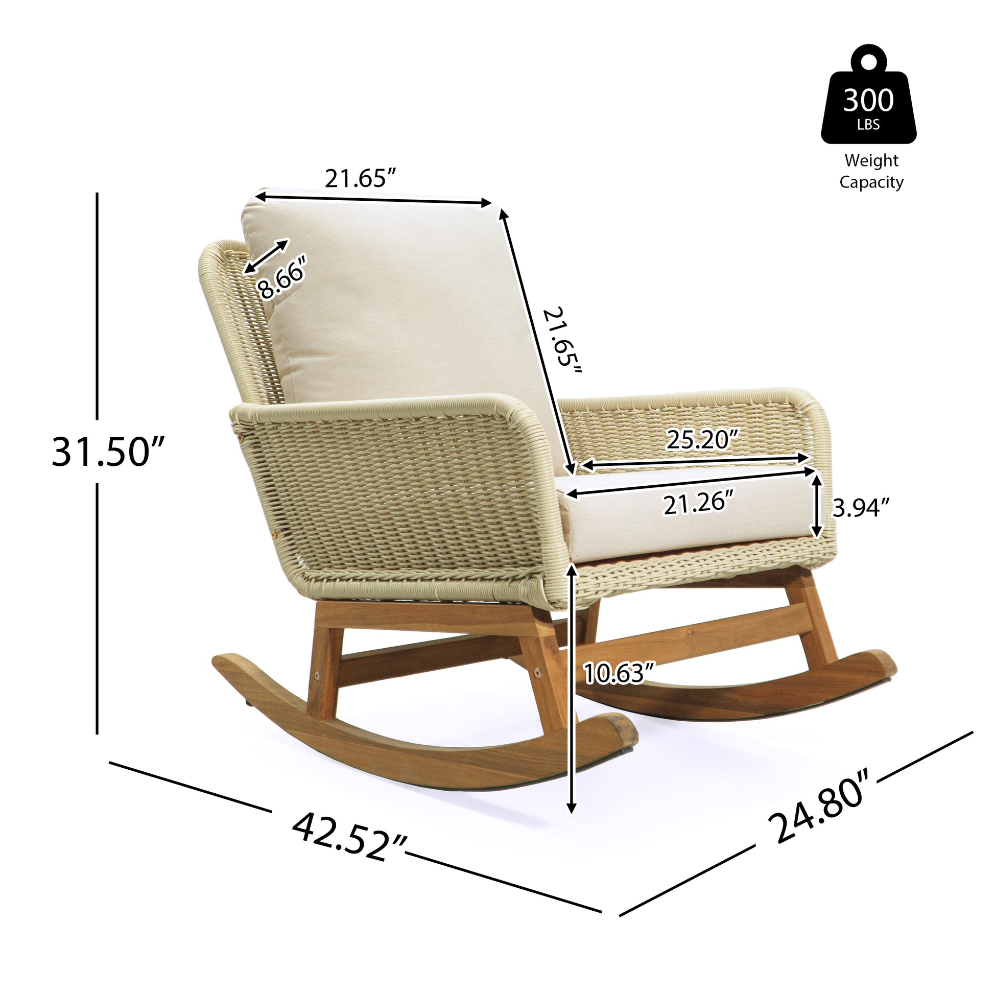Contemporary Minimalist Ivory Wicker Rocking Chair With Soft Polyester Cushions And Durable Wooden Frame, Perfect For Indoor And Outdoor Spaces Like Patio, Balcony, Or Living Room Ivory Pe Rattan