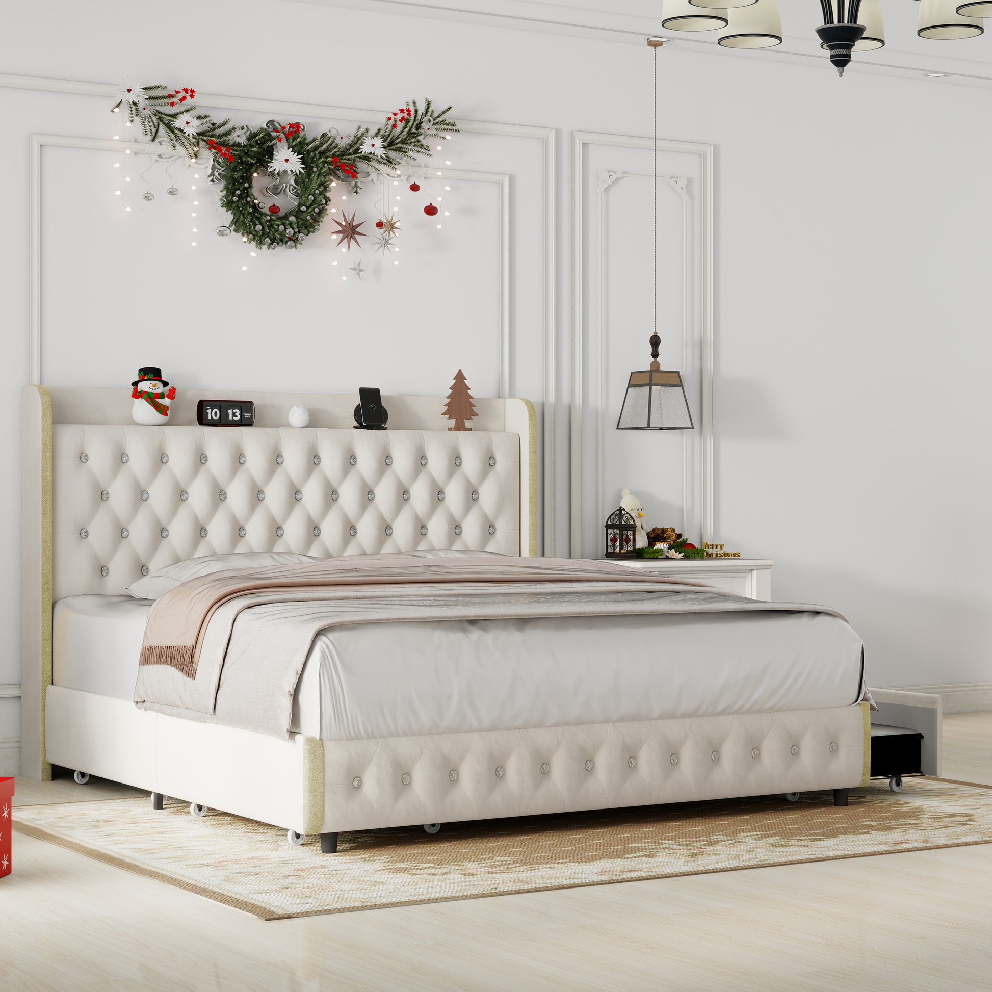 Queen Size Bed Frame With 4 Drawers, Star Projector Galaxy Light, Wingback Upholstered Headboard With Diamond Button, Usb Charger And Music Speaker, Pu Leather Cream Mdf Metal