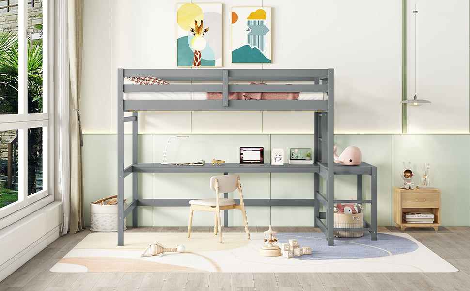 Full Loft Bed With Built In Desk, Ladder Platform, Ladders, Guardrails,Grey Full Grey Bedroom American Design Pine