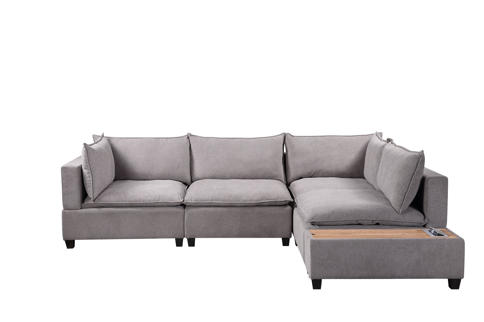 Madison 120"W Light Gray Fabric 5 Piece Modular Sectional Sofa With Usb Storage Console Table Light Gray Down Filling Foam 4 Seat