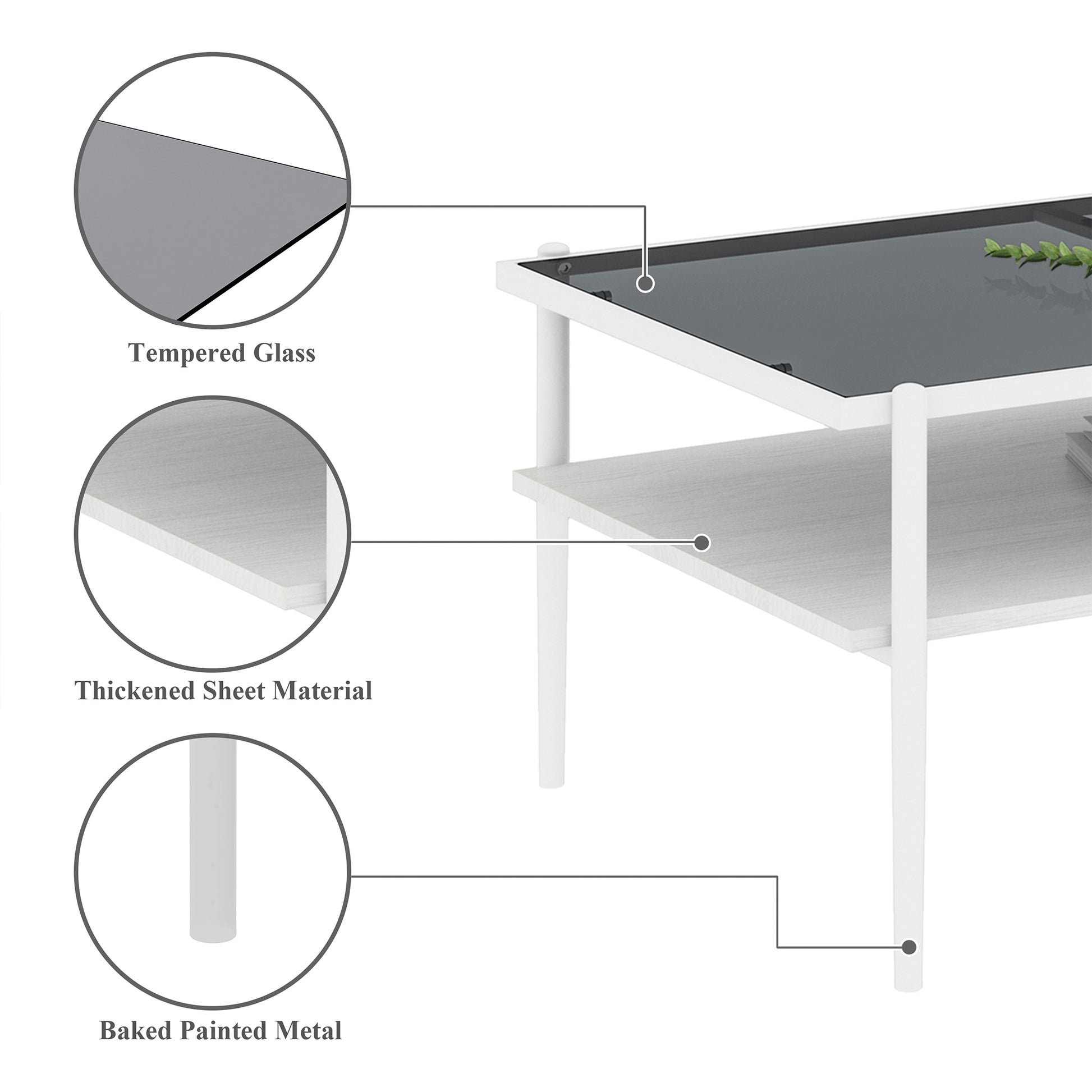 Rectangle Coffee Table With Gray Tempered Glass Top And White Legs, Modern Table For Living Room Gray Tempered Glass