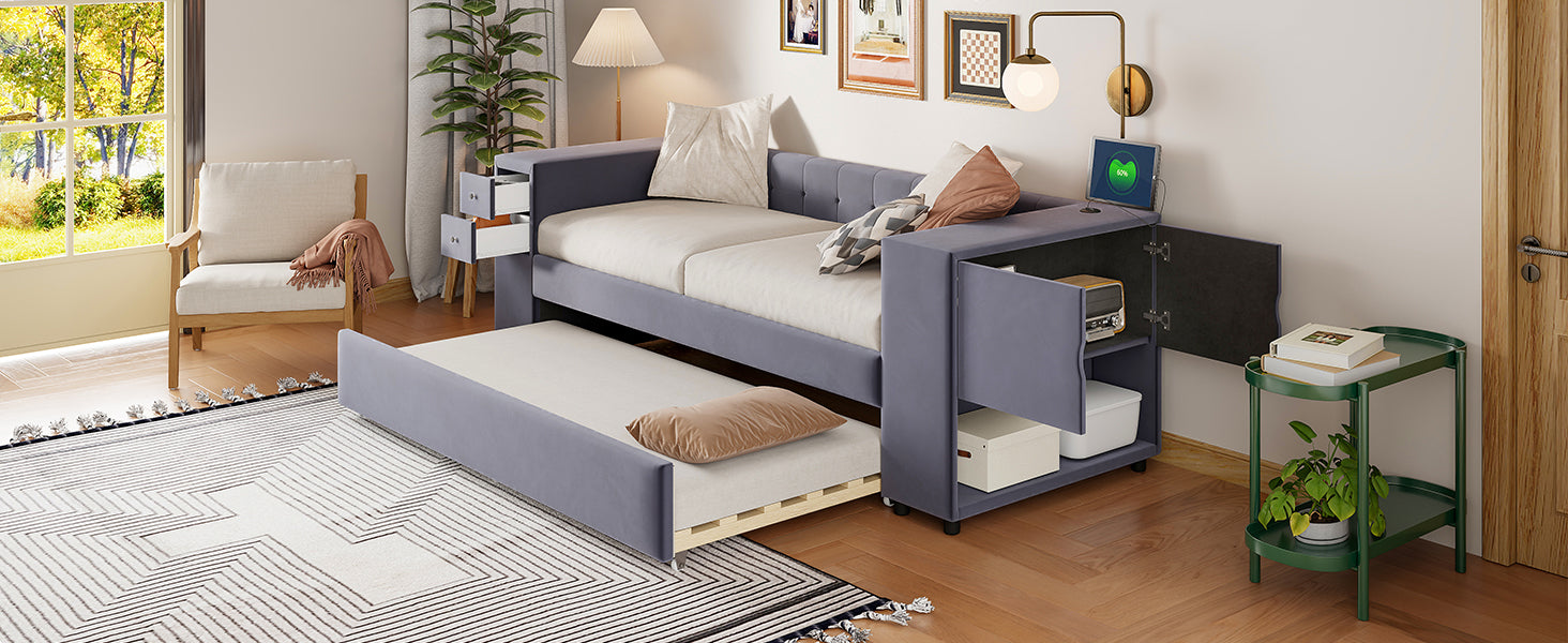 Twin Upholstered Bed With Storage And Twin Trundle, Usb Charging Ports, French Velvet, Gray Twin Gray Velvet