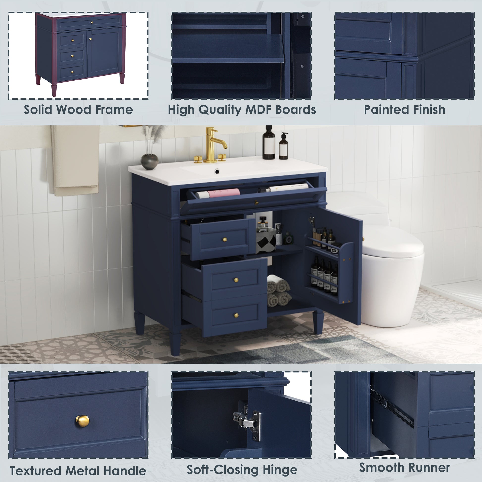 36'' Bathroom Vanity With Top Sink, Modern Bathroom Storage Cabinet With 2 Drawers And A Tip Out Drawer, Single Sink Bathroom Vanity Blue Bathroom Solid Wood Mdf Ceramic,Solid Wood Mdf