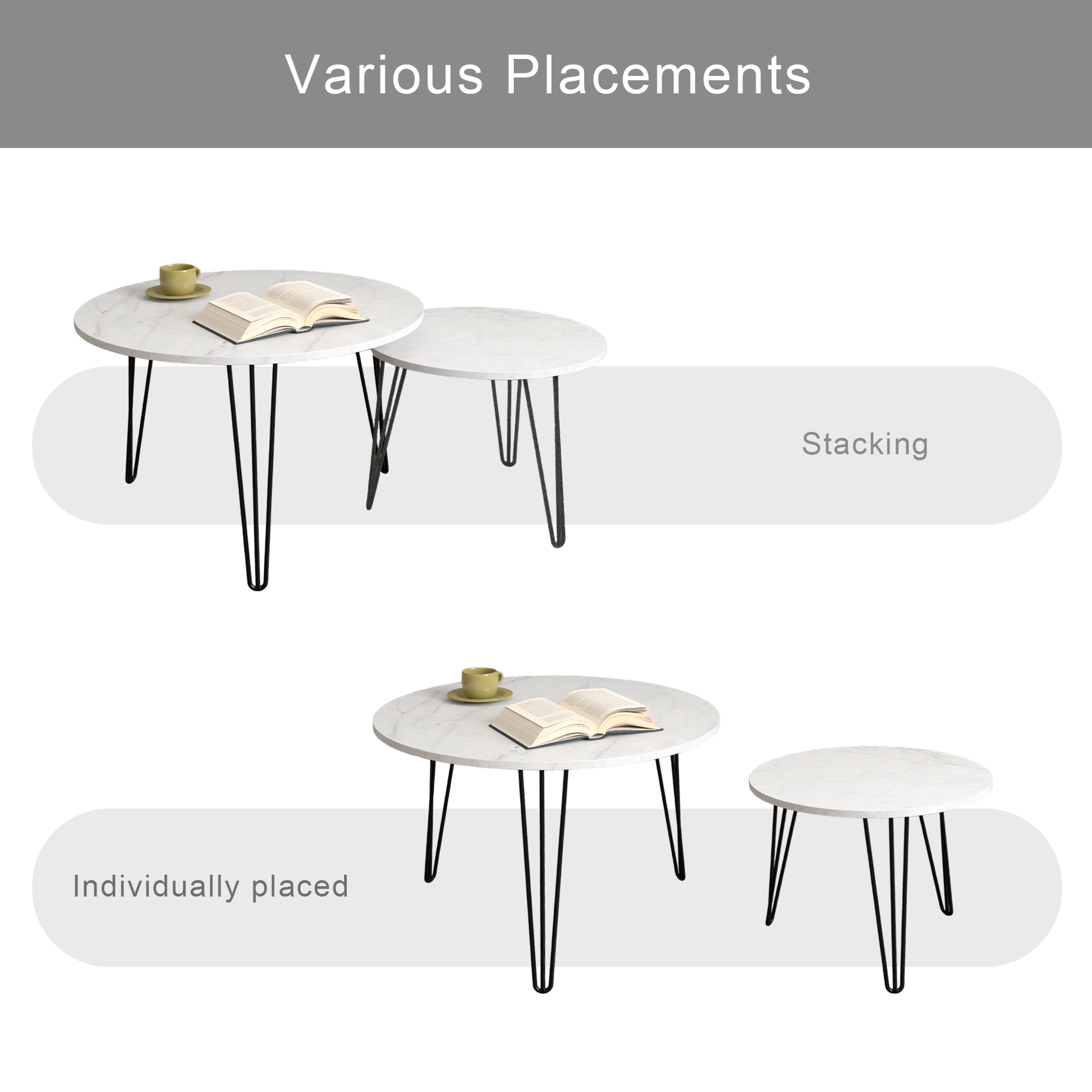 27.56'' Round Nesting Coffee Table Set Of 2, Circular Nesting End Table Set, Round Marble Tabletop, And Sturdy Metal Base For Living Room, Bedroom, White White Round Wood Metal