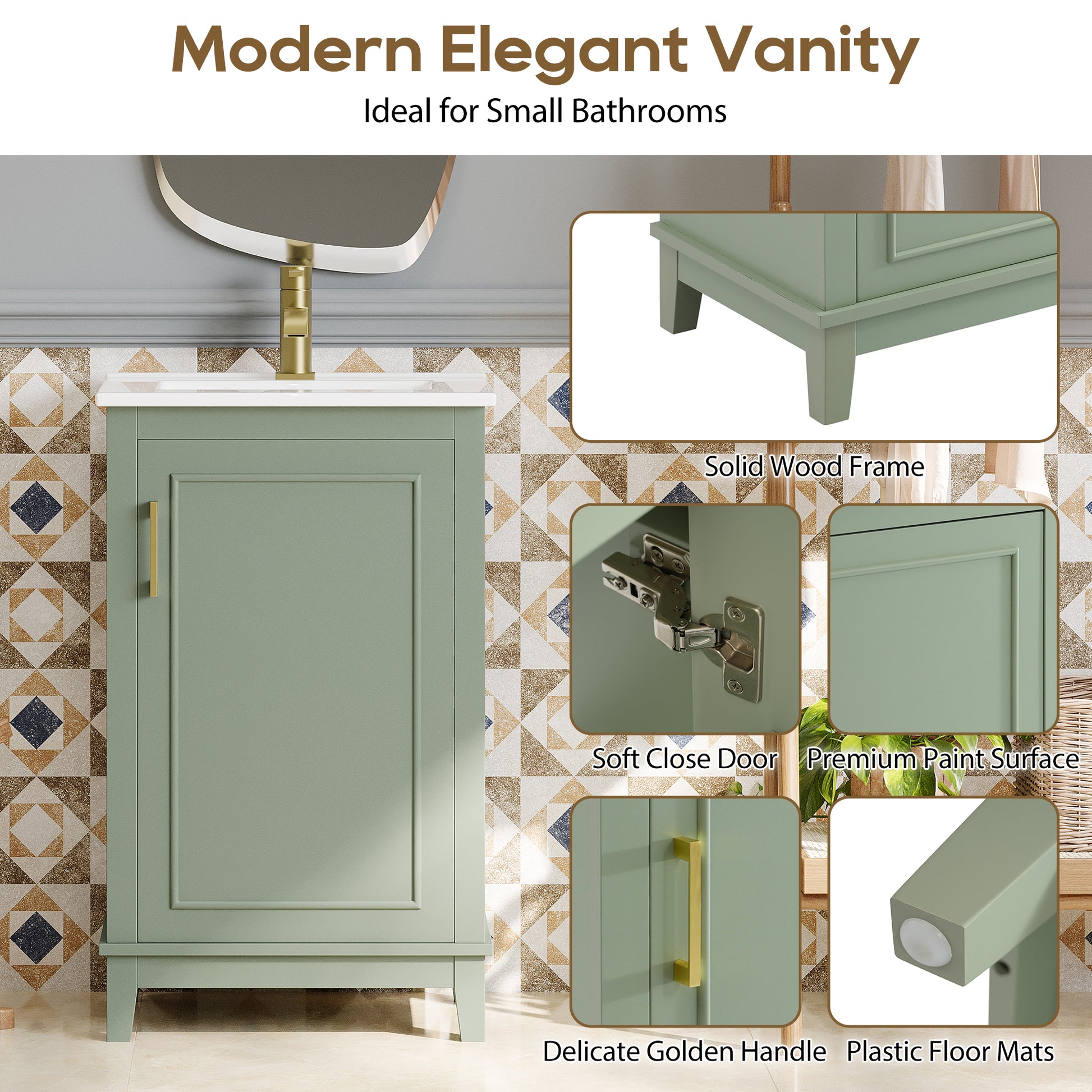 Viedo 20 Inch Modern Small Bathroom Vanity Cabinet With Ceramic Basin 20*15.5*33.3 Inches,Ample Storage,1 Soft Close Door Green Bathroom Solid Wood Mdf