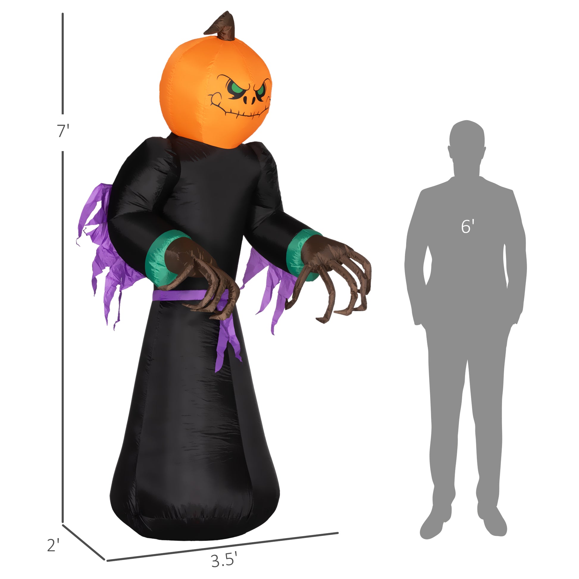 Homcom 7' Halloween Inflatable Outdoor Decoration Reaper Ghost Pumpkin, Blow Up Led Yard Decor For Garden, Lawn, Party, Holiday, Waterproof Black Polyester