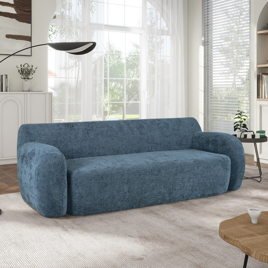 81.5" Minimalist Compression Sofa, Curved Design, 3 Seater Casual Sofa For Living Rooms, Bedrooms, And Apartments Dark Blue Polyester 3 Seat