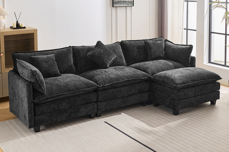 112.2" L Shape Chenille Upholstered Sofa For Living Room Modern Luxury Sofa Couch With Ottoman And 5 Pillows For Living Room Sg001160Aa , Black Black Foam 4 Seat