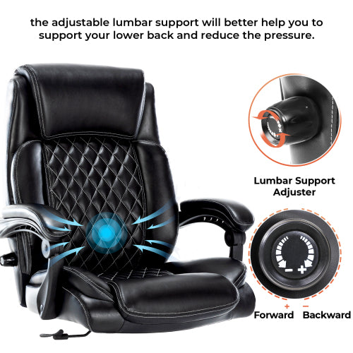 Executive Office Chair 400Lbs Heavy Duty Office Chair, Wide Seat Bonded Leather Office Chair With 30 Degree Back Tilt & Lumbar Support Black Caster Iron Black Office Dry Clean Round Handle Office Chairs Solid Back Casters Leather