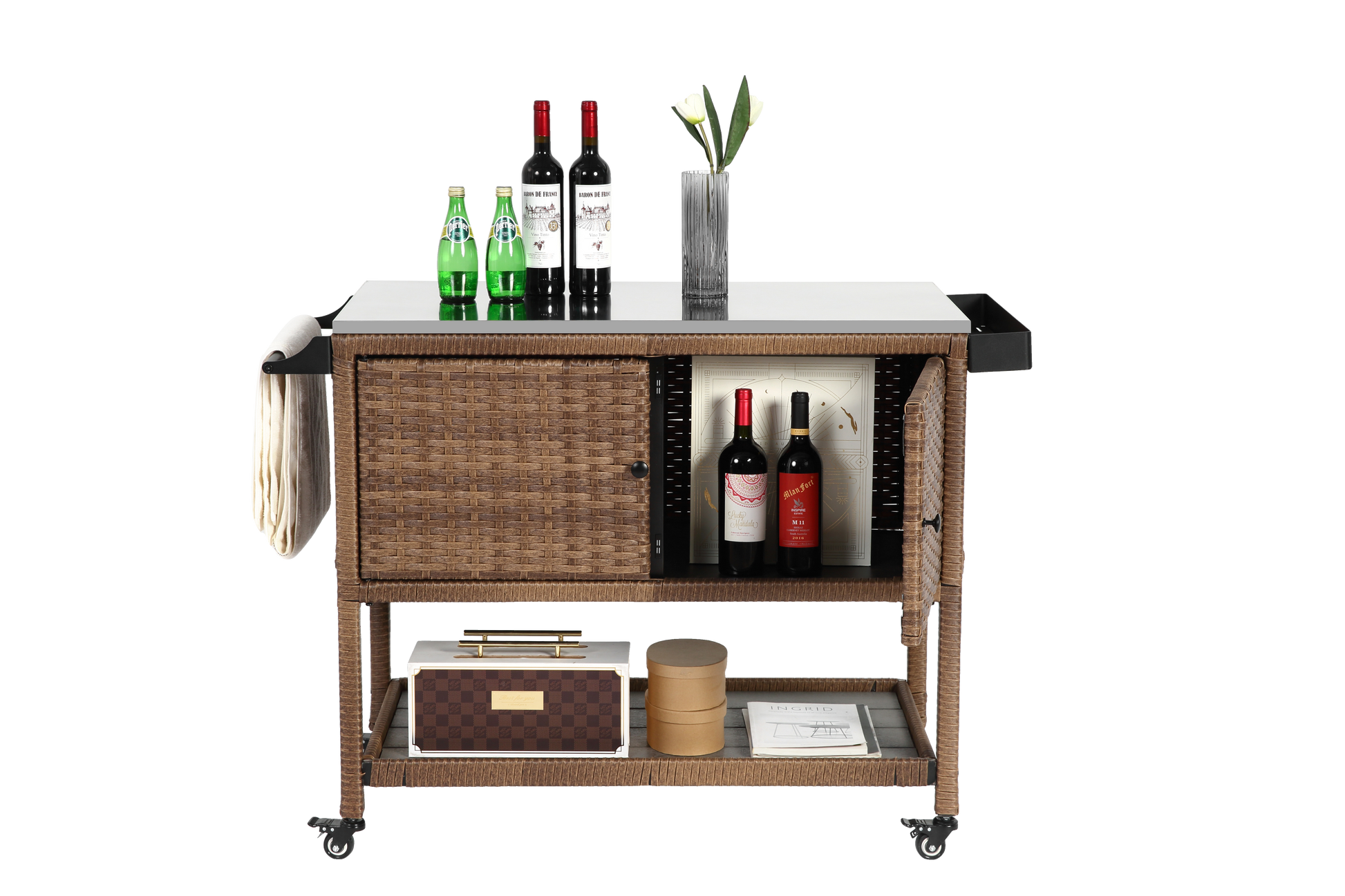 Outdoor Wicker Bar Cart, Patio Wine Serving Cart W Wheels, Rolling Rattan Beverage Bar Counter Table W Glass Top For Porch Backyard Garden Poolside Party, Brown No Brown Garden & Outdoor Steel
