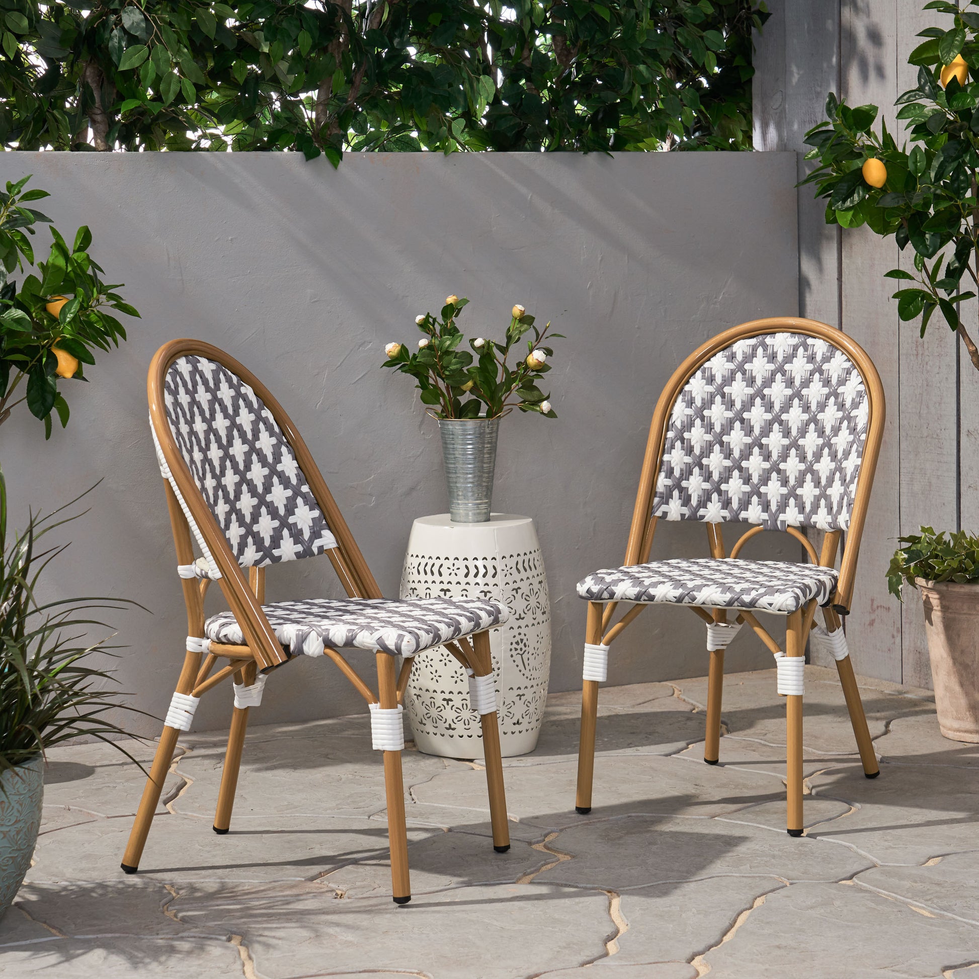 French Bistro Chair White Gray Rattan