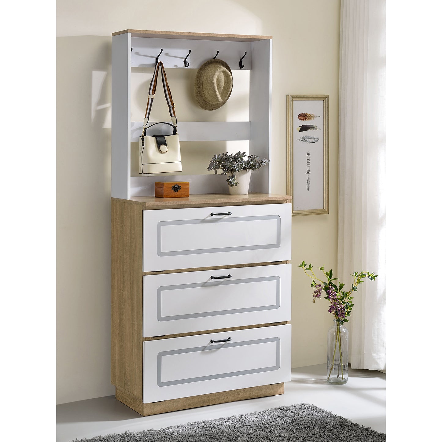 Light Oak And White Shoe Cabinet With Drop Down Drawer Freestanding 3 4 Drawers Light Oak Primary Living Space Wood Paper