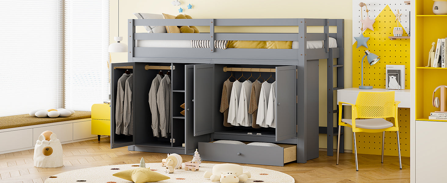 Twin Size Loft Bed With Drawer, Two Wardrobes And Mirror, Gray Gray Solid Wood Mdf