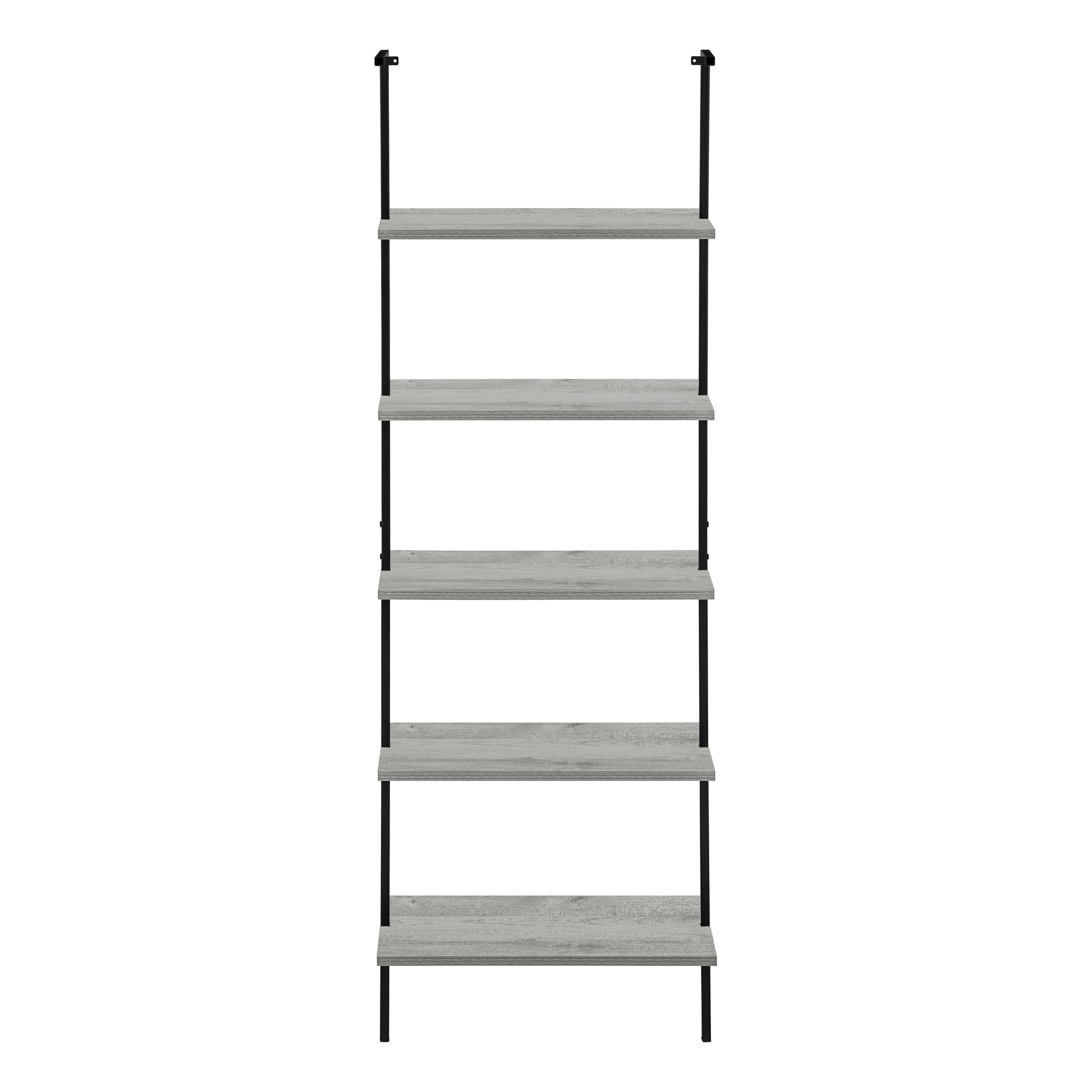 Bookshelf, Bookcase, Etagere, Ladder, 5 Tier, 72"H, Office, Bedroom, Grey Laminate, Black Metal, Contemporary, Modern Grey Metal