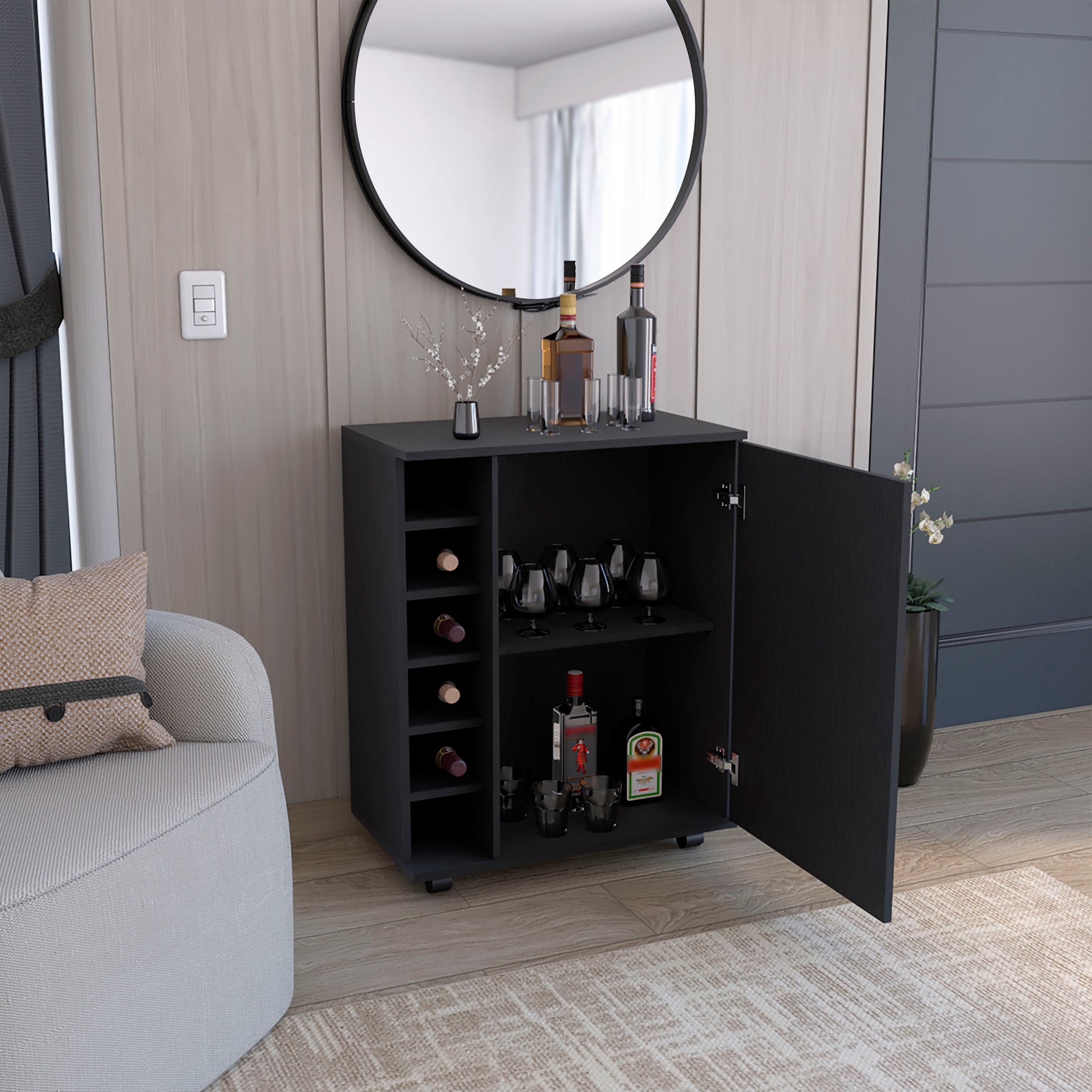 Wick Bar Cart With Integrated Wine Storage, Spacious Cabinet And Smooth Rollers Black Dining Room Modern Particle Board Open Storage Engineered Wood