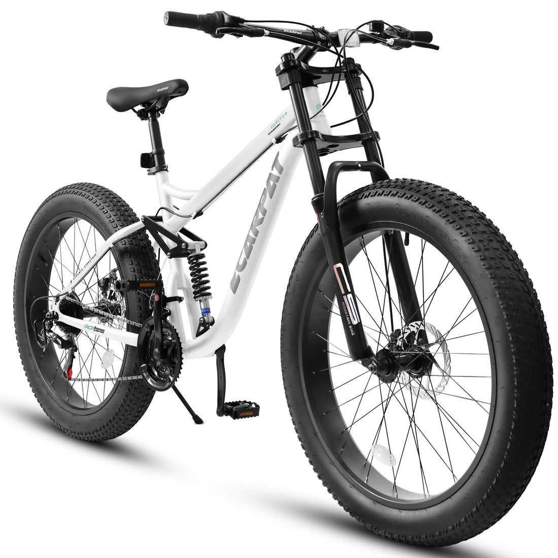 A26309 26 Inch Mountain Bike,Full Suspension 21 Speeds Drivetrain With Disc Brake Mtb Bicycle, 26*4" Fat Tire Bike For Men Or Women. White Multi Steel