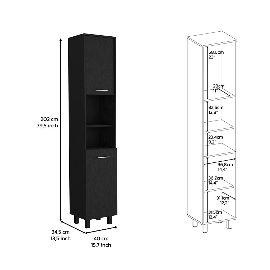 Kitchen Pantry 79" H, Two Open Storage Shelves, Three Internal Shelves, Two Doors, Four Legs, Black Black Particle Board Particle Board