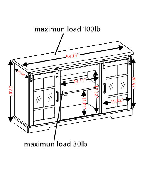 Multipurpose Sliding Door Tv Cabinet Large Storage Cabinet With 2 Sliding Glass Doors, Tv Desk Storage Rack, Adjustable Shelves For Tvs Up To 65", White Brown, 59.13"W*15.94"D*27.8"H White 60 69 Inches Mdf
