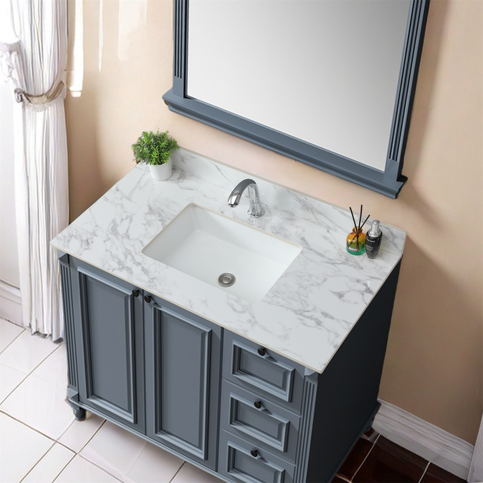 43"X22"Bathroom Vanity Top,Sintered Stone Carra White Barthroom Vanity Sink Tops With Rectangular Undermount Ceramic Sink With Vanity Backsplash, Singe Faucet Hole Bathroom Vanity Countertop White