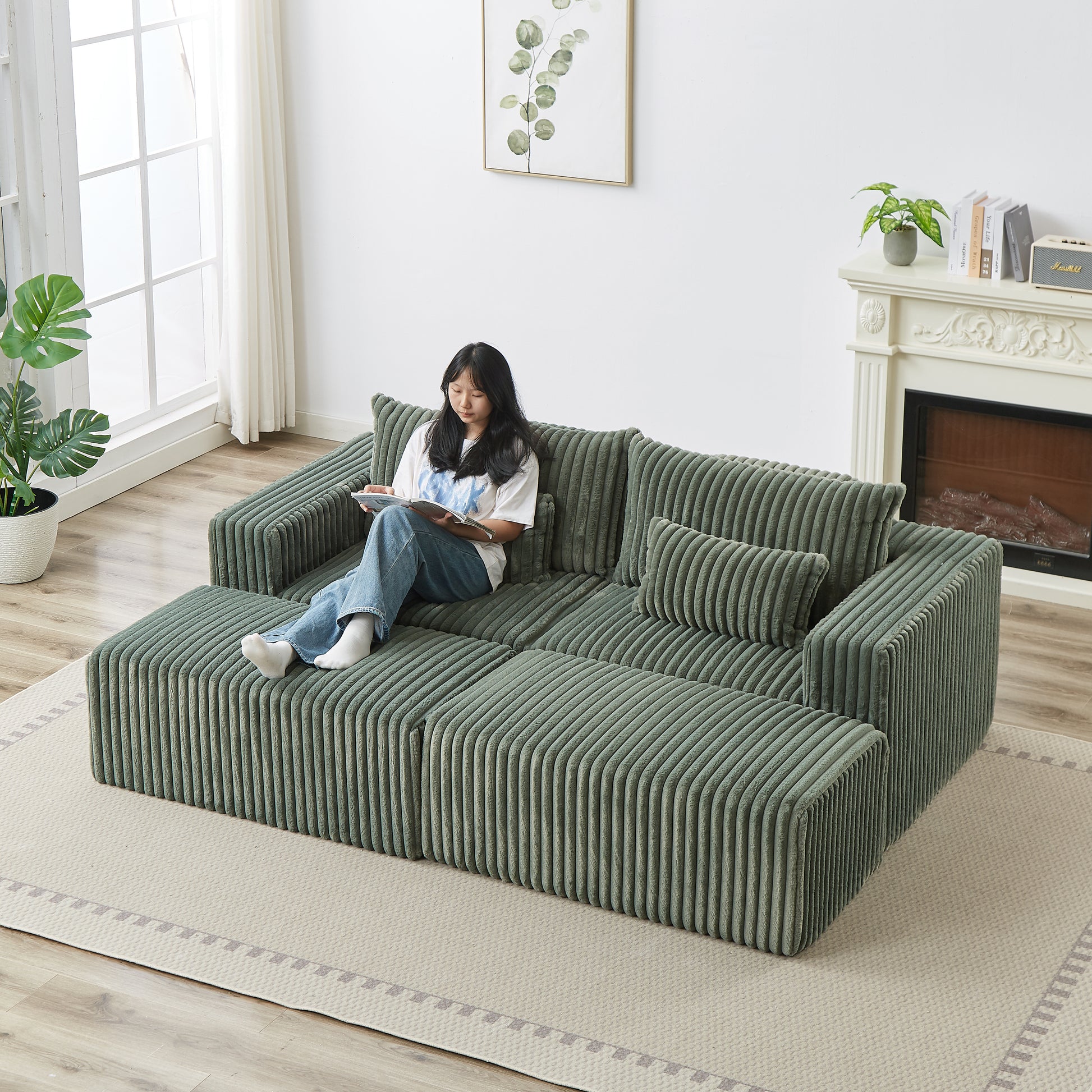 87" Oversized Sectional Lounge Chaise,No Assembly Required,Cloud Plush Loveseat With Two Removable Footstool,Fluffy Modern Sleeper Chair For Indoor Living Room Bedroom Army Green Corduroy 2 Seat