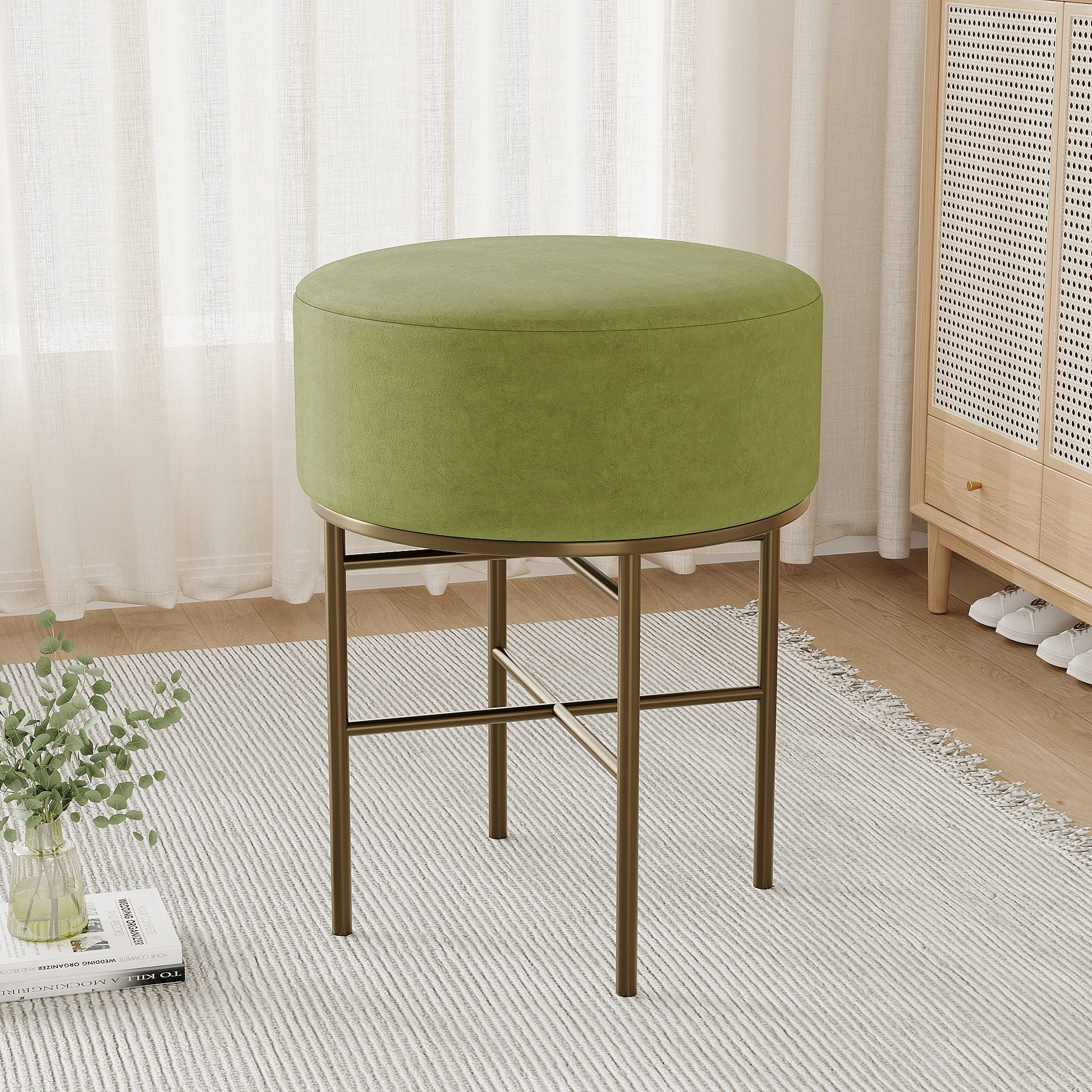 2 Pcs Round Cushioned Vanity Stool, Linen Upholstered Vanity Stool For Makeup Room, Modern Soft Stool For Bar And Dining, Ottoman Footrest Stool With Metal Legs For Living Room, Bedroom Matcha Green Matcha Green Vanity Stools Bedroom Round Modern