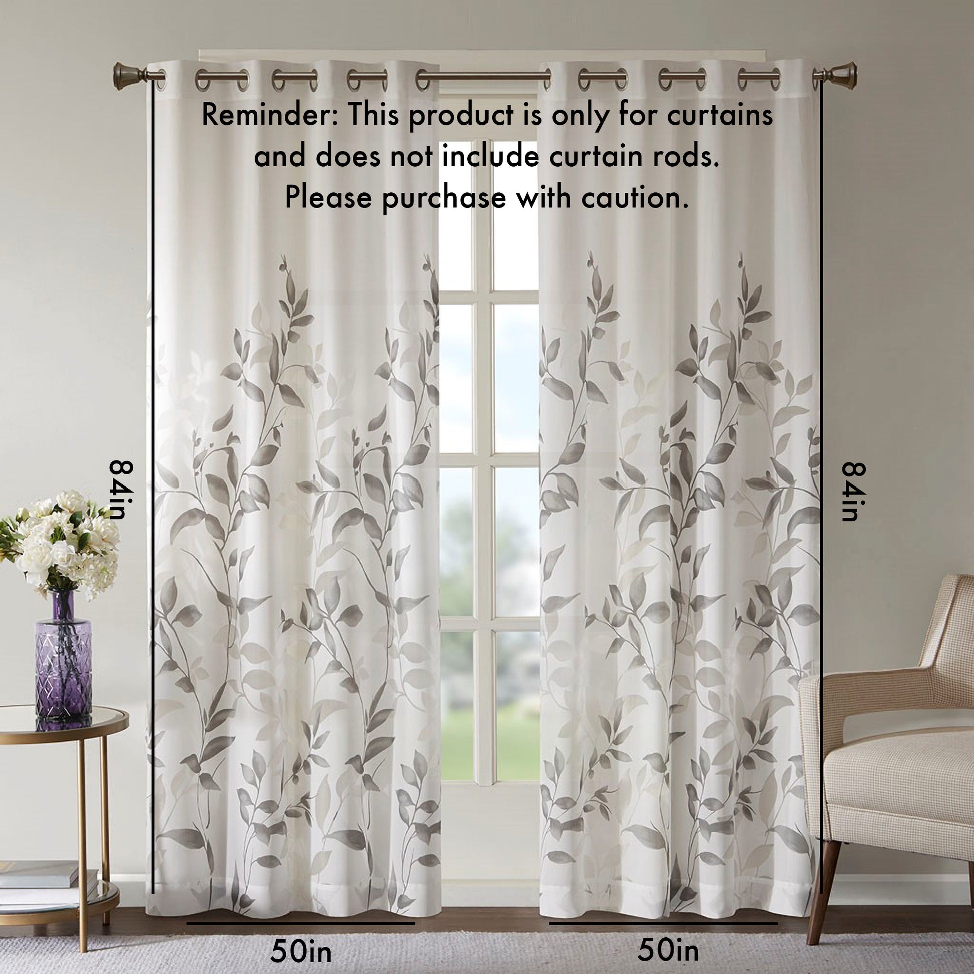 Burnout Printed Curtain Panel Grey Polyester